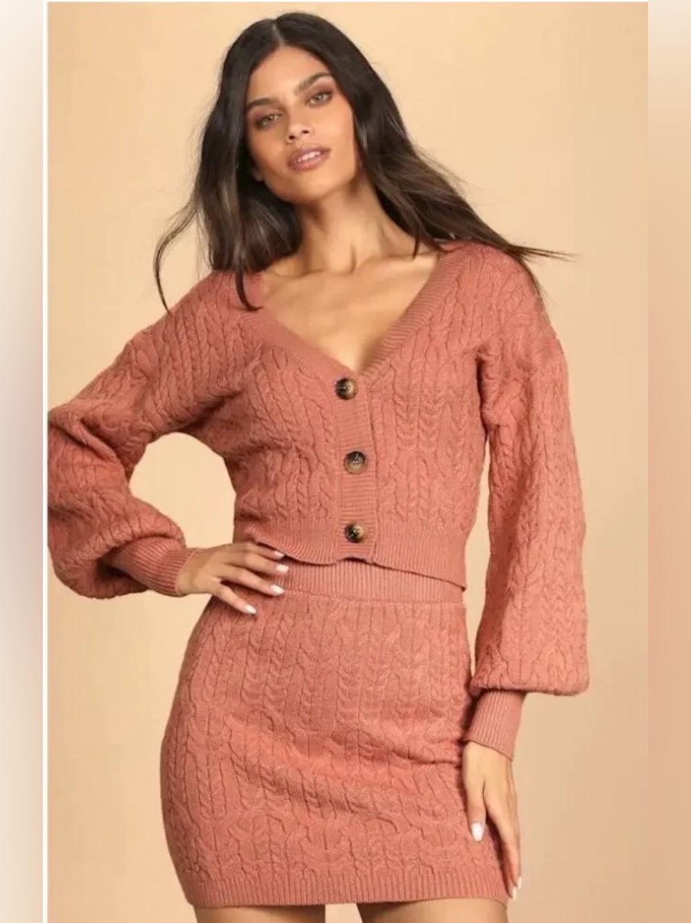 Lulus Coral Cable Knit V-Neck Cardigan and Pants Set